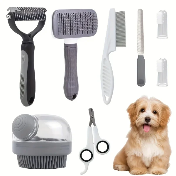 8-Piece Dog Grooming Kit with Nail Clippers & Bath Brush